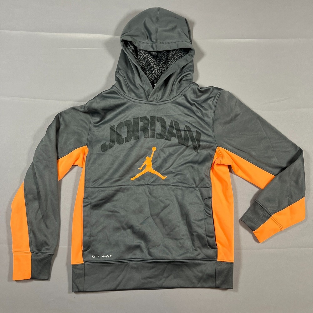Jordan Therma Fit Hoodie Boys M 10-12 Gray Orange Jumpman Logo Kangaroo Pocket